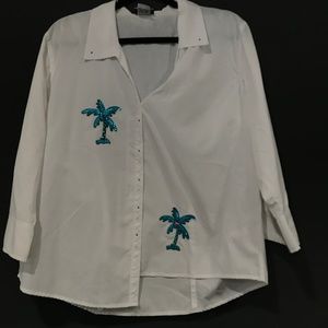 White Button Down with Blue Palm Trees